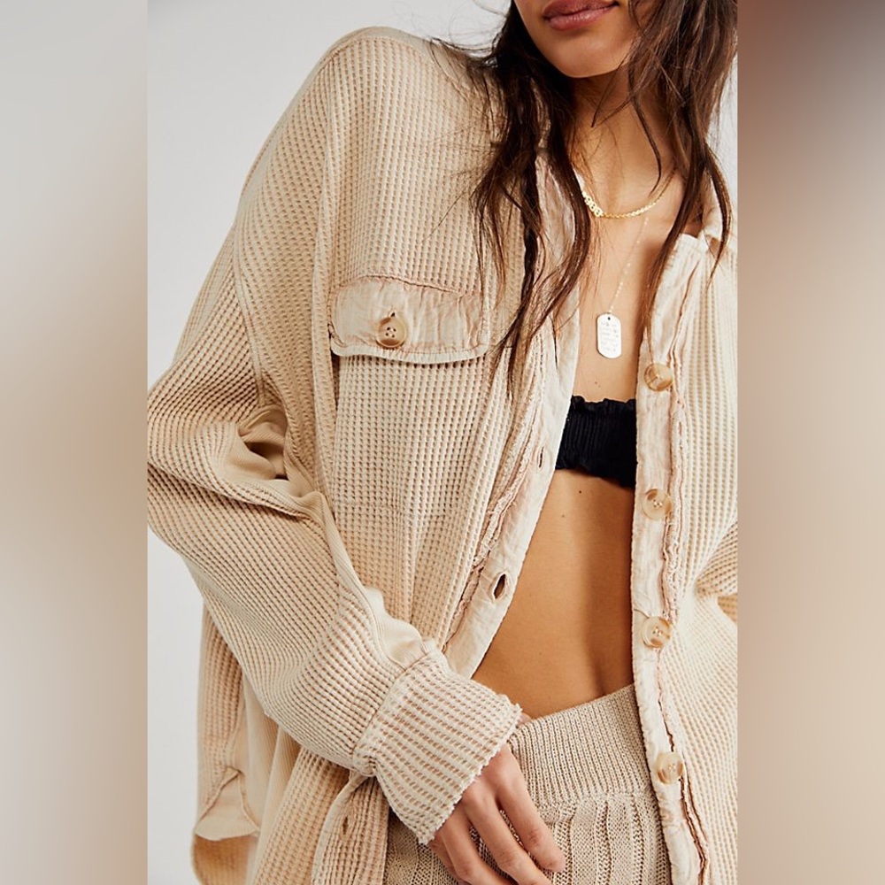 Free People FP One Scout Tan Oversized Jacket Thermal Long Sleeve, Small